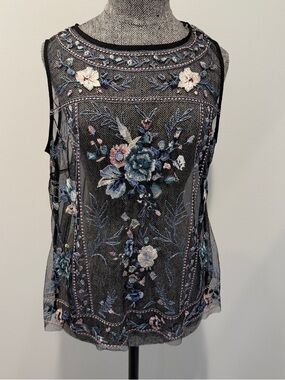 Embroidered Mesh Floral Sleeveless Top - Black with Blue & Pink Accents